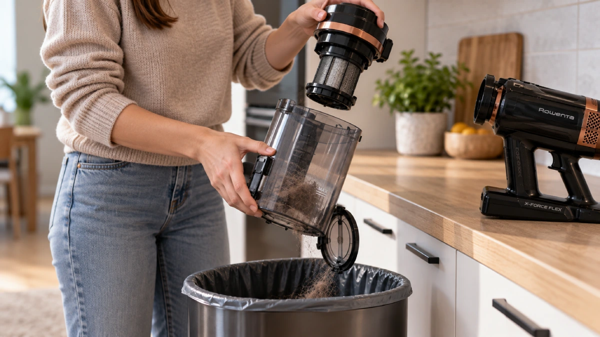 Recipientul de praf al unui aspirator vertical, detașat deasupra coșului de gunoi, cu ansamblul de filtrare scos deasupra lui