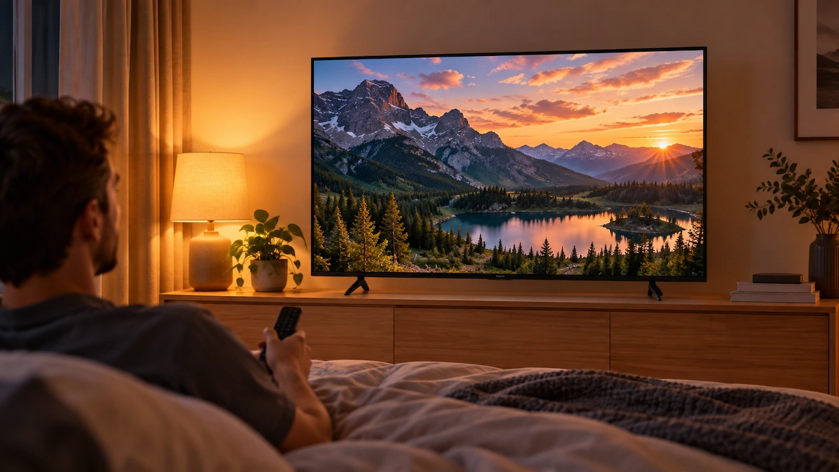 Televizor Samsung 43U8072H de 108 cm pe o comodă de lemn într-un dormitor, seara, cu un peisaj montan la apus pe ecran și un bărbat care se uită din pat, cu telecomanda în mână