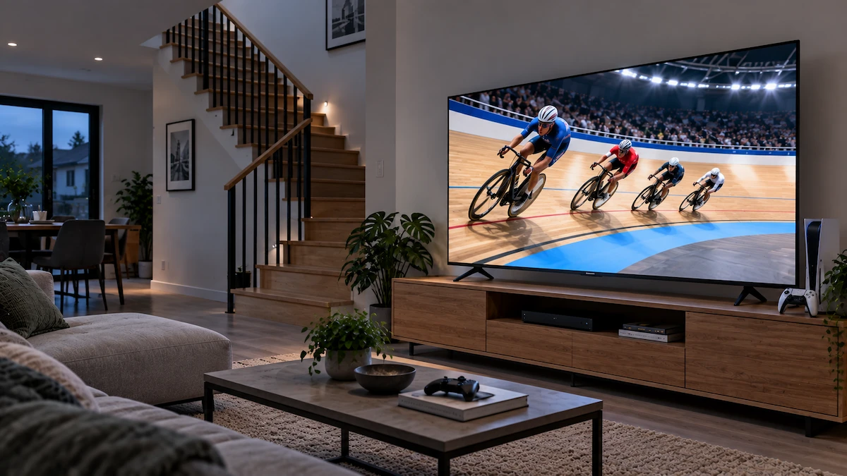 Televizor de 138 cm pe o comodă TV lungă, lângă o consolă de jocuri, într-o casă înșiruită cu scară interioară, seara, cu cicliști pe un velodrom pe ecran
