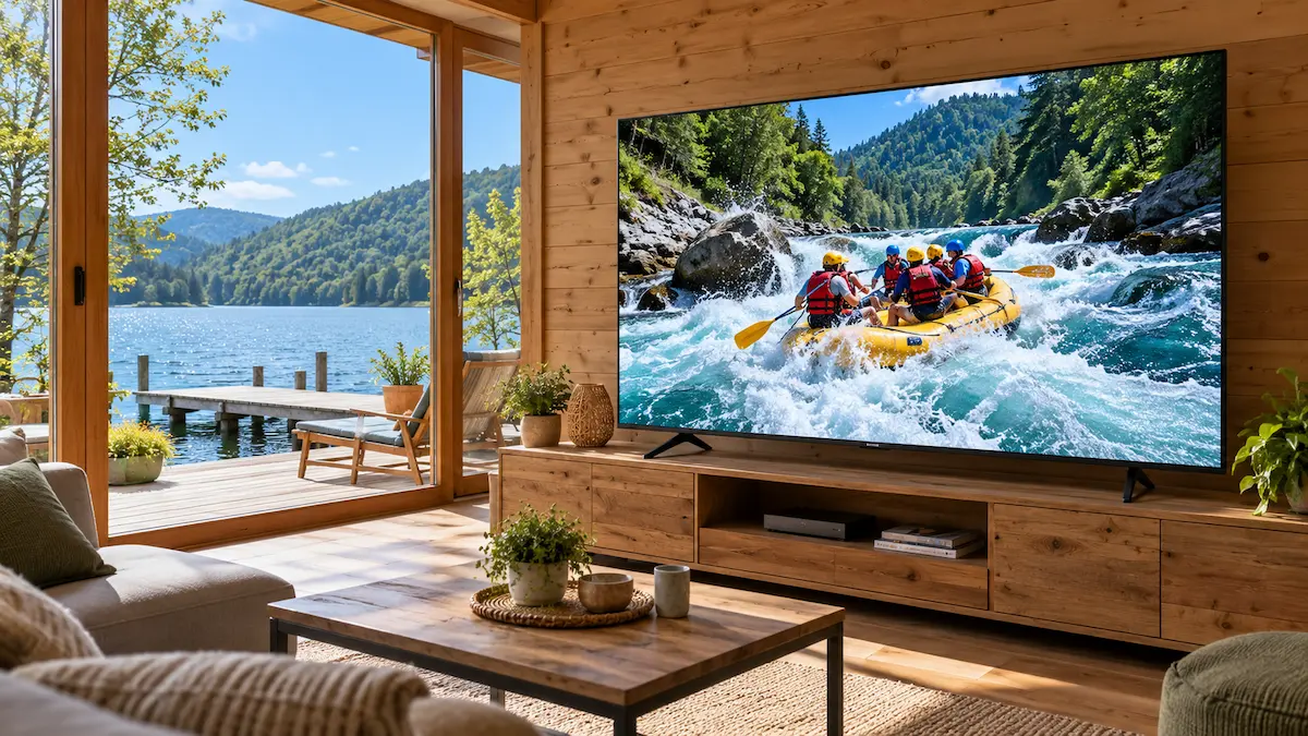 Televizor de 138 cm pe o consolă de lemn masiv, într-o casă de vacanță din lemn cu ușa deschisă spre un ponton pe lac, după-amiaza, cu o barcă de rafting pe ape repezi pe ecran
