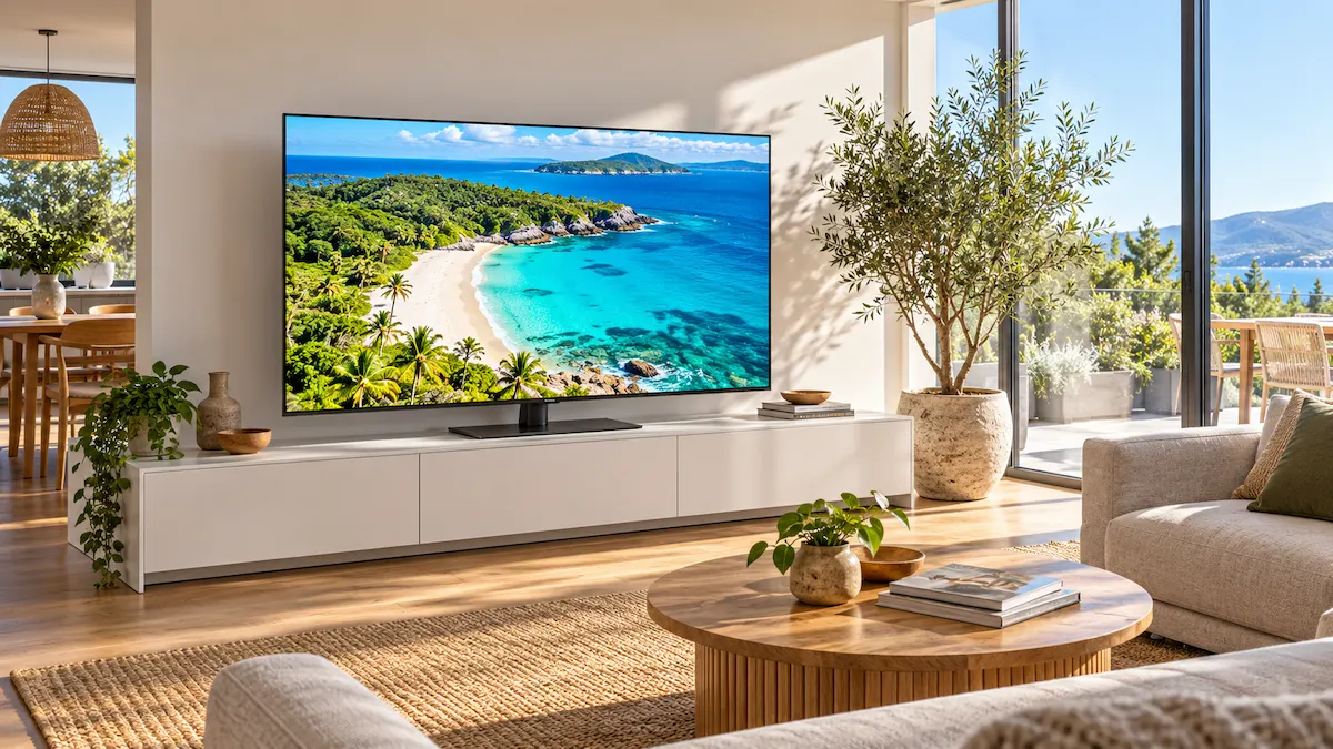 Televizor Mini LED de 165 cm pe o comodă albă, într-un living luminos cu ferestre mari și o plajă tropicală pe ecran