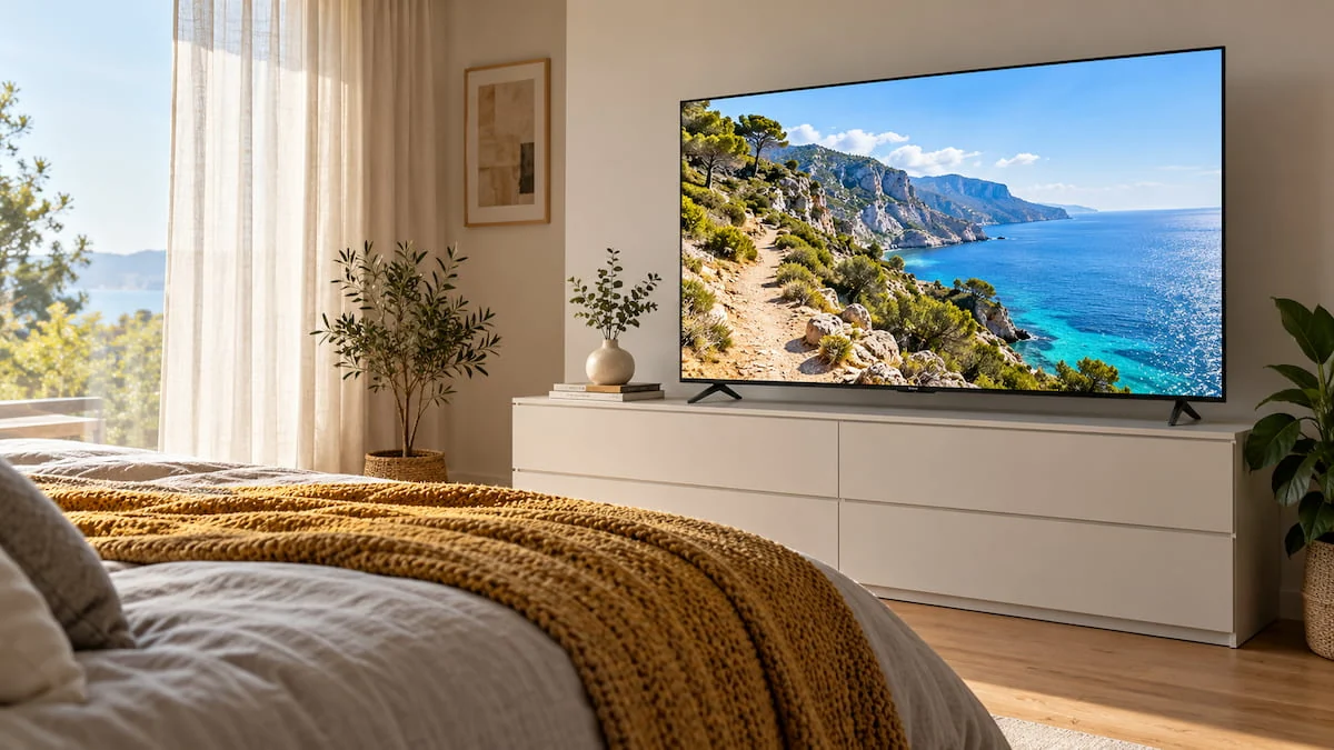 Televizor Samsung Neo QLED 55QN80H de 138 cm pe o comodă albă, într-un dormitor luminos, dimineața
