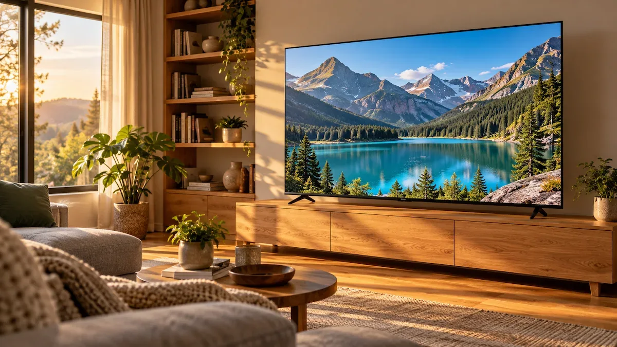 Televizor Samsung Neo QLED 75QN80H de 189 cm pe o comodă joasă de stejar, într-un living cu bibliotecă, în lumina după-amiezii