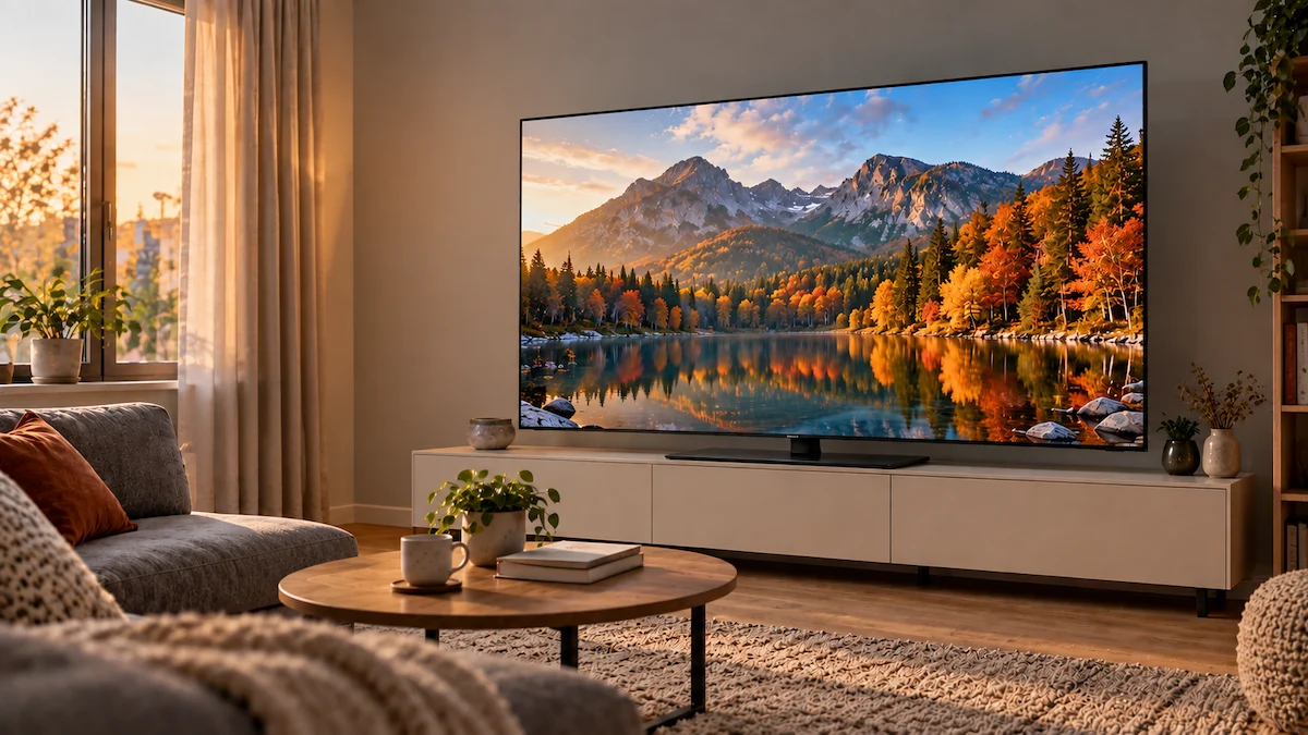 Televizor OLED de 138 cm pe o comodă albă, într-un living mic de apartament, după-amiaza, cu un peisaj colorat pe ecran