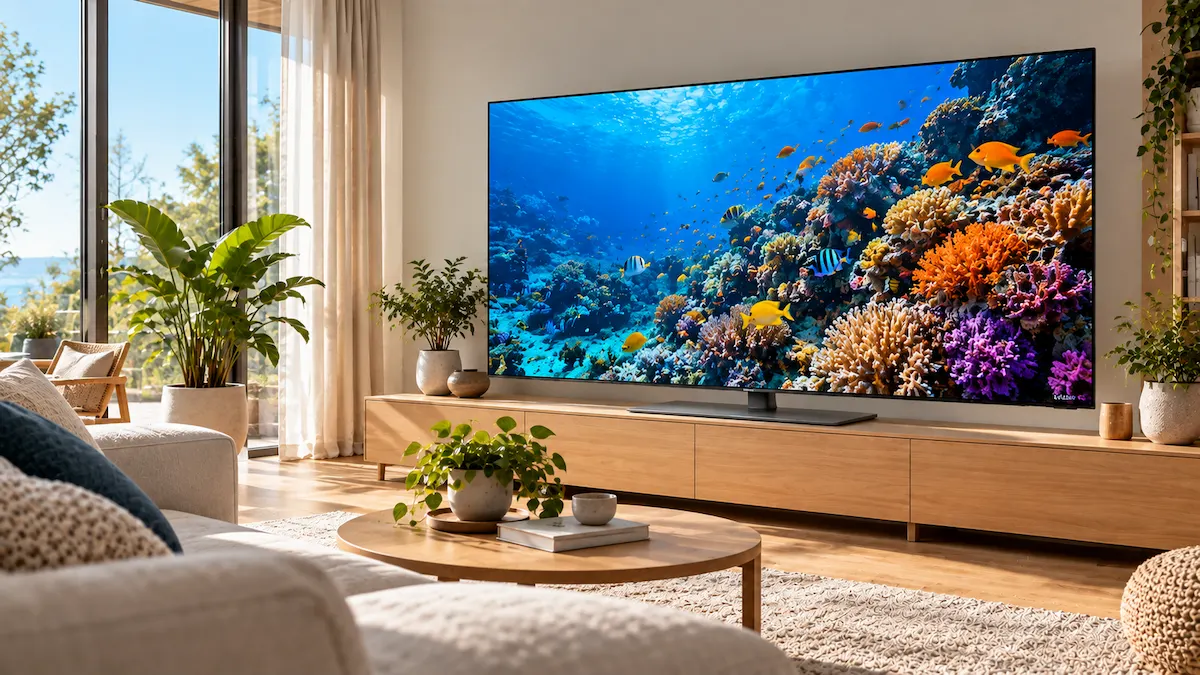 Televizor OLED subțire într-un living luminos, cu ferestre mari în lateral, ziua, cu ecranul fără reflexii vizibile