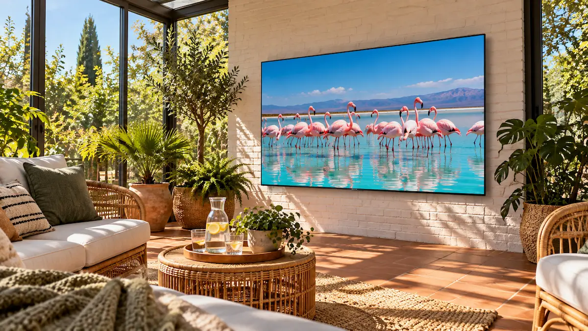 Televizor OLED de 138 cm montat pe un perete de cărămidă albă, într-o verandă de sticlă plină de soare, cu un stol de flamingo pe ecran