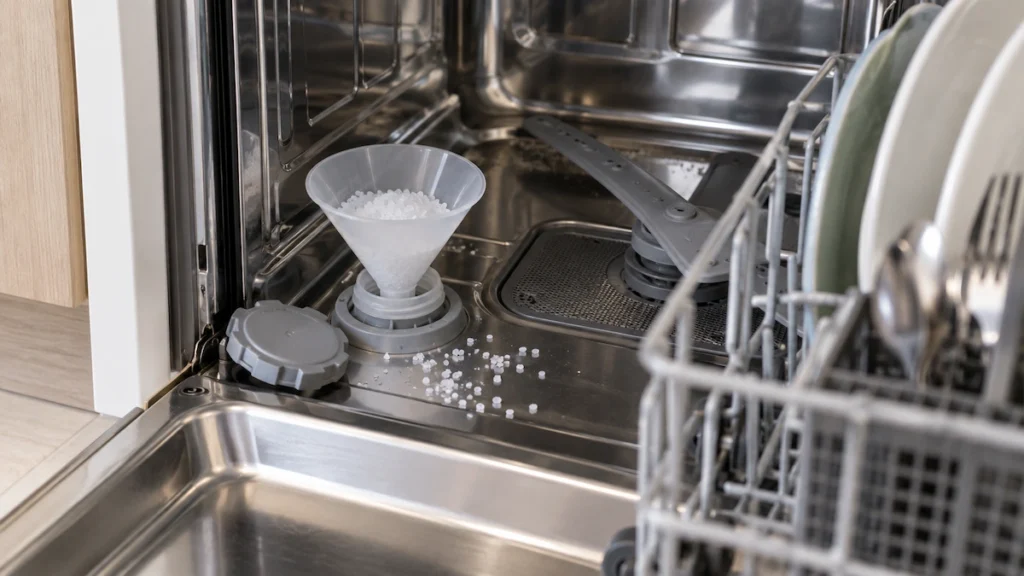 Sare pentru mașina de spălat vase turnată cu o pâlnie în rezervorul din interiorul cuvei