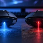 Două mouse-uri de gaming văzute de aproape, unul ilustrând un senzor optic și celălalt un senzor laser