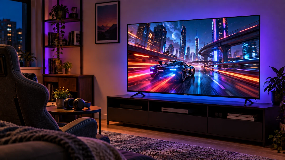 Televizor pe două picioare, pe un corp TV negru, într-un colț de jocuri seara, cu o cursă într-un oraș cu neoane pe ecran