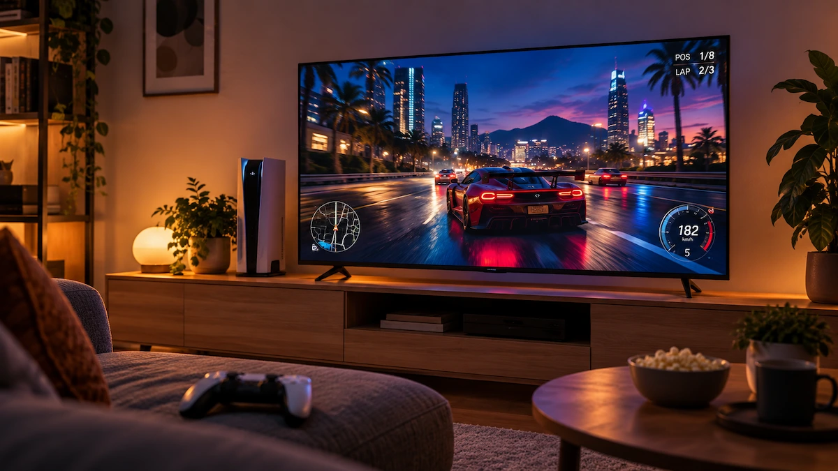 Televizor Sony BRAVIA 3 II 43XR35M2 de 108 cm pe o comodă, într-un colț de gaming amenajat în living, seara, cu o consolă alături, un controller pe canapea și un joc de curse pe ecran