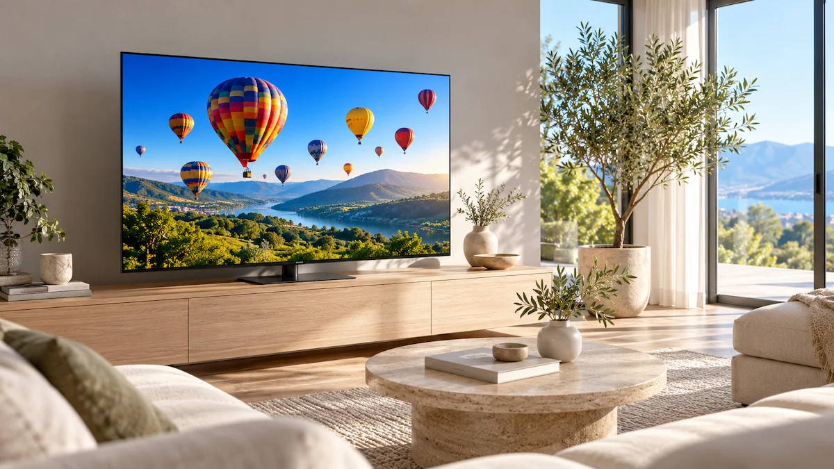 Televizor subțire pe suport central, pe un corp TV lung din stejar deschis, într-un living luminos, cu baloane cu aer cald pe ecran