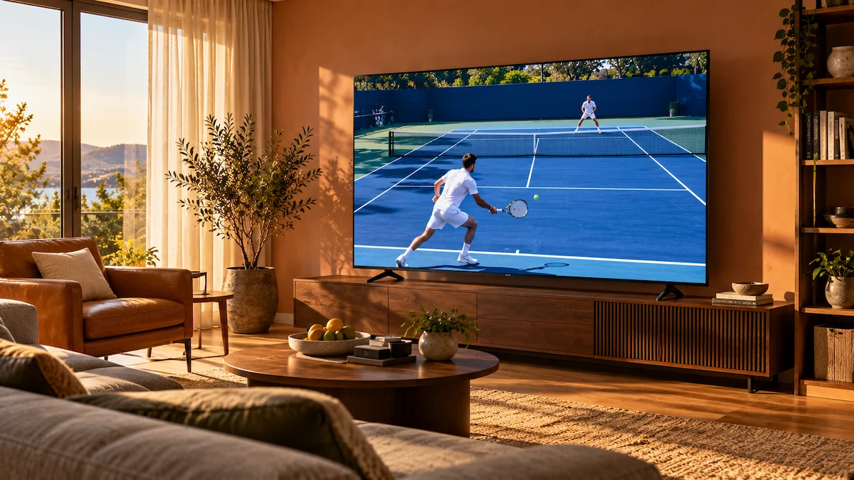 Televizor Mini LED de 165 cm pe o comodă de nuc, cu un meci de tenis pe ecran, într-o sufragerie însorită