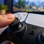 Prim-plan cu stick-ul analogic al unui controller de gaming, cu degetul mare pe capacul stick-ului