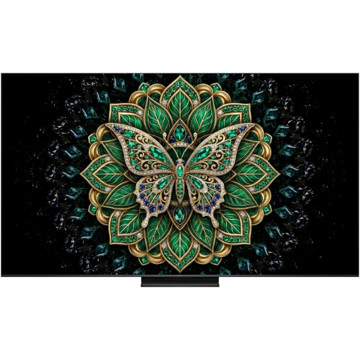 Televizor TCL QD-Mini LED 55C6K Pro de 139 cm (55 inch), văzut din față, pe suportul central