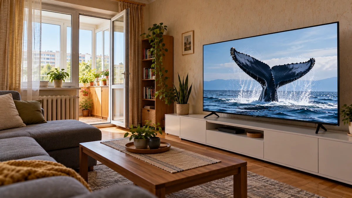 Televizor de 139 cm pe o comodă TV albă, într-o sufragerie de bloc cu ușa deschisă spre balconul închis, cu coada unei balene ieșind din mare pe ecran