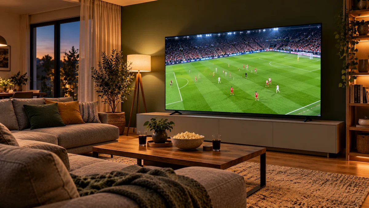 Televizor Mini LED de 165 cm pe o comodă gri, lângă un perete verde închis, cu un meci de fotbal pe ecran, seara