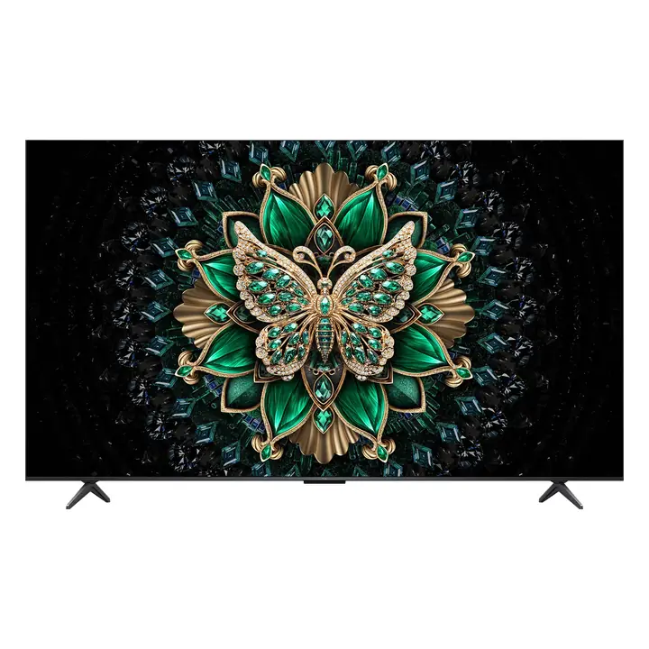 Televizor TCL QD-Mini LED 75C6K de 189 cm (75 inch), văzut din față, pe picioarele originale