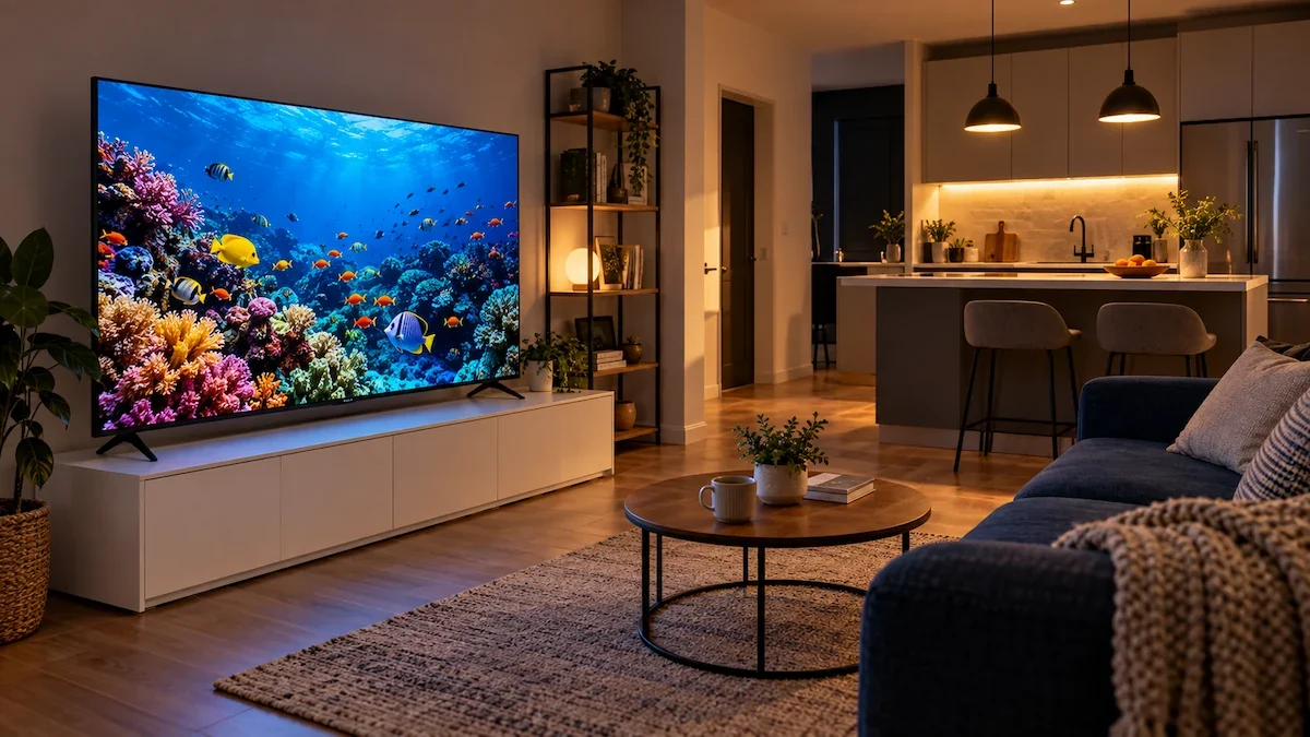 Televizor TCL QD-Mini LED 75C6K de 189 cm pe un corp TV alb, într-un apartament open space cu bucătărie, seara