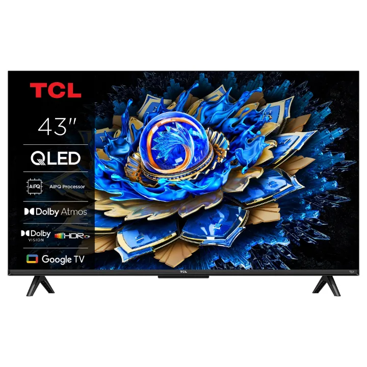 TCL QLED 43T69C, televizor de 108 cm pe două picioare, văzut din față