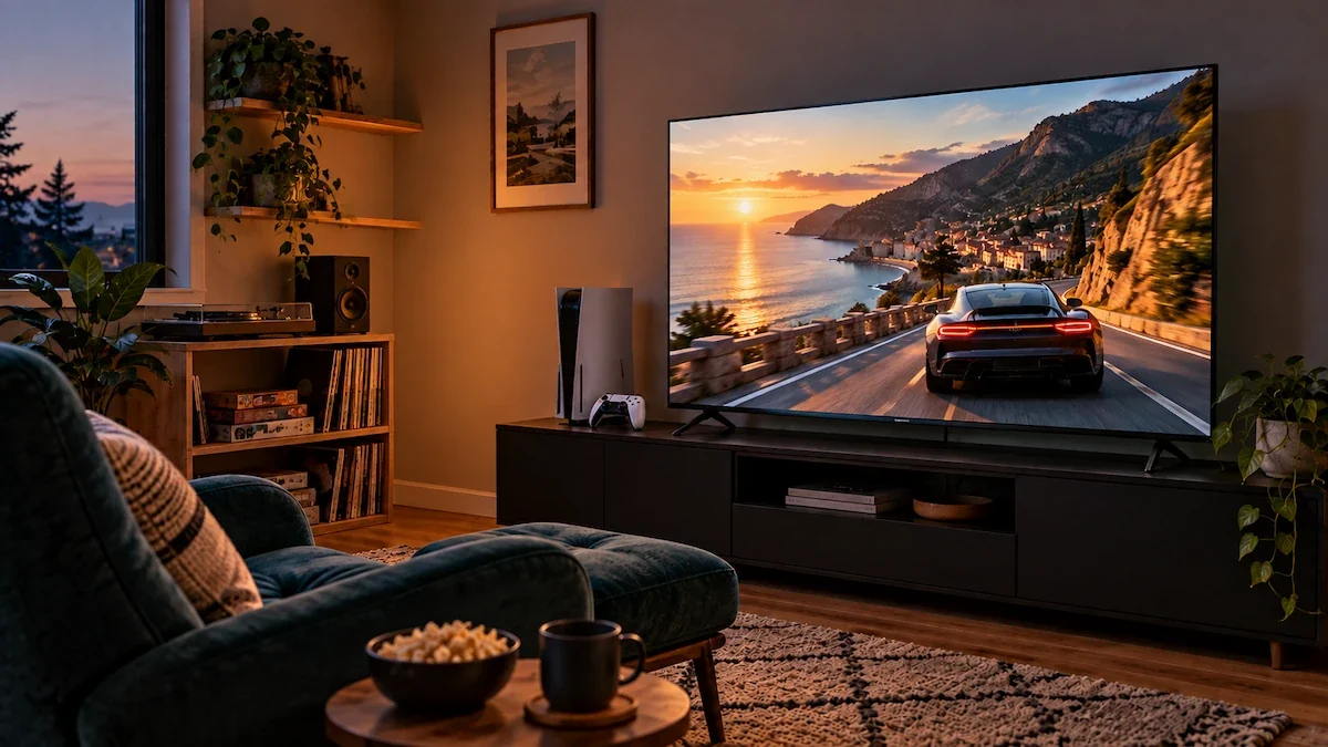 Televizor TCL SQD-Mini LED 55C8L de 139 cm pe un corp TV negru mat, într-o cameră de joacă cu fotoliu, seara devreme