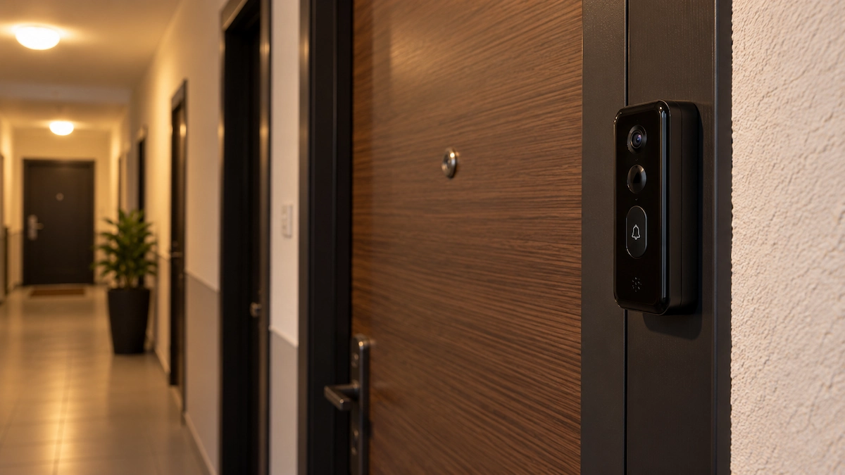 Sonerie video montată pe tocul ușii unui apartament, pe holul blocului