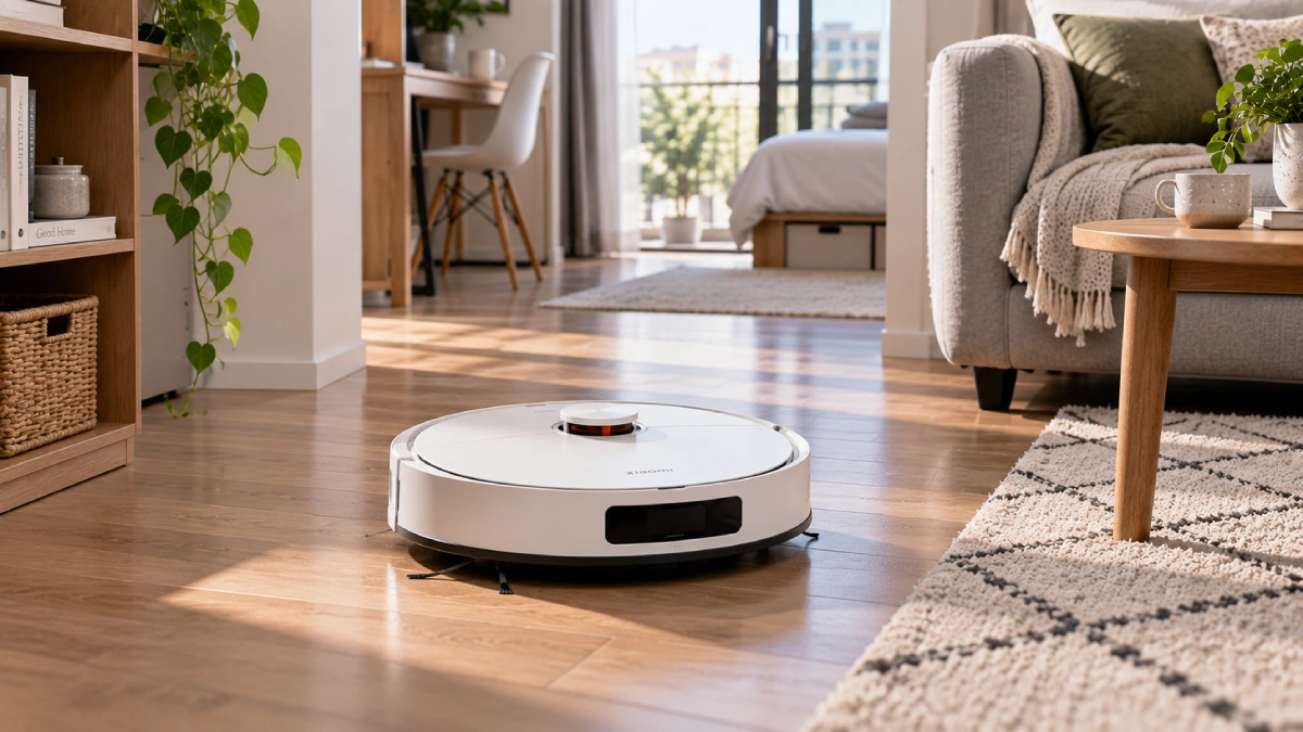 Xiaomi S40 alb curățând pardoseala într-un living compact și luminos