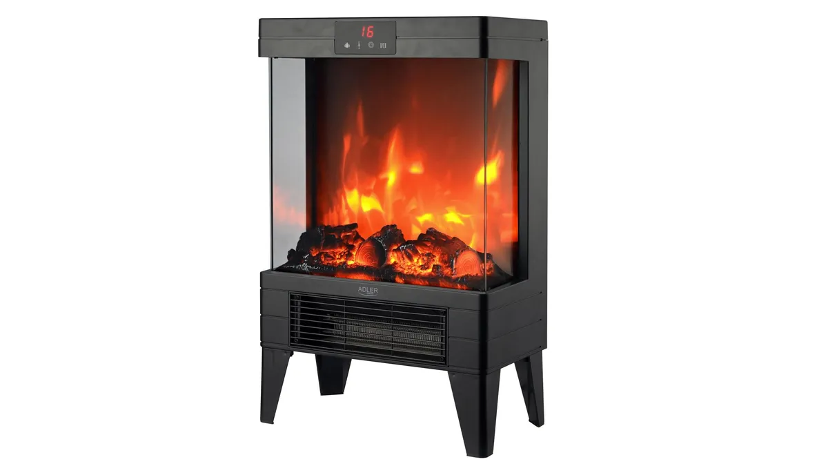 Șemineul electric portabil Adler AD7755, negru, cu sticlă pe trei laturi, afișaj tactil sus și flacără 3D aprinsă