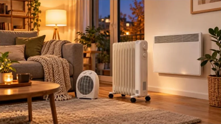 Living cald seara, cu o aerotermă mică, un calorifer cu ulei pe roți și un convector alb pe perete, lângă o canapea gri cu pătură tricotată
