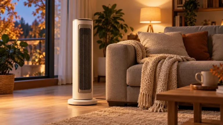 Living luminos într-o seară de toamnă, cu o aerotermă ceramică albă, tip turn, pe podea lângă o canapea gri cu o pătură tricotată