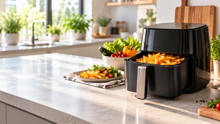 Air fryer negru pe blatul unei bucătării luminoase, cu coșul deschis plin de cartofi prăjiți