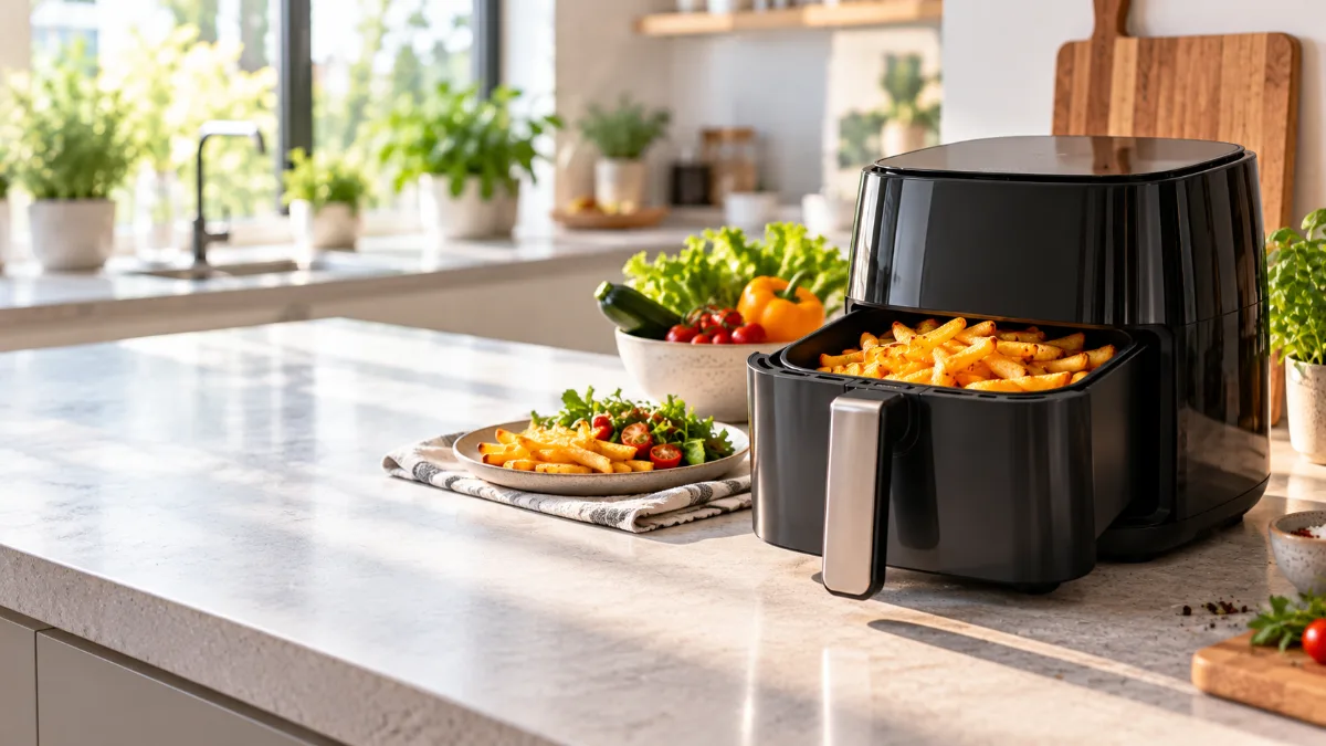 Air fryer negru pe blatul unei bucătării luminoase, cu coșul deschis plin de cartofi prăjiți