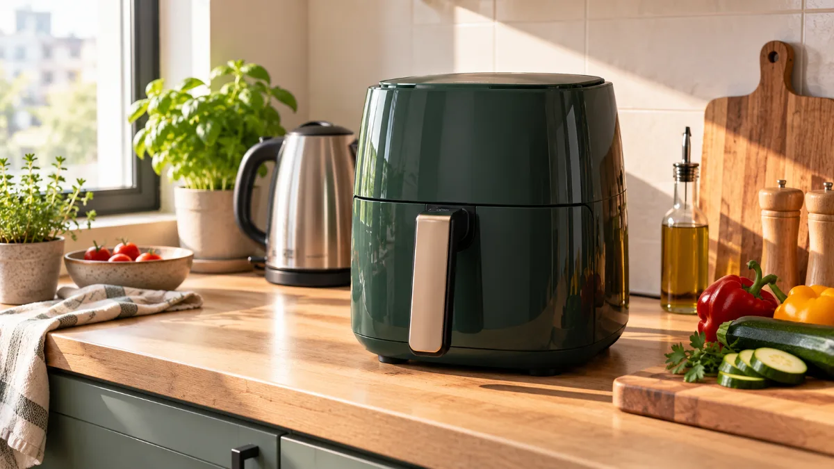 Air fryer compact verde închis pe blatul unei bucătării mici, lângă un fierbător