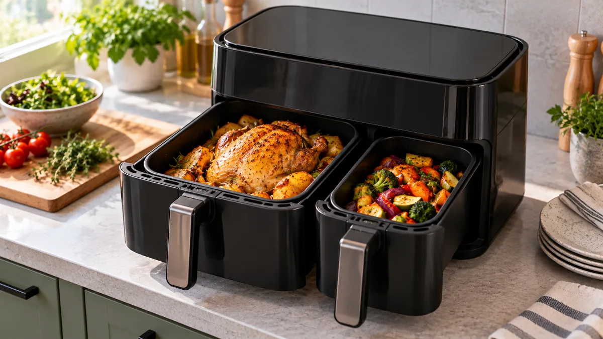 Air fryer cu două sertare deschise, cu un pui întreg în cel mare și legume în cel mic