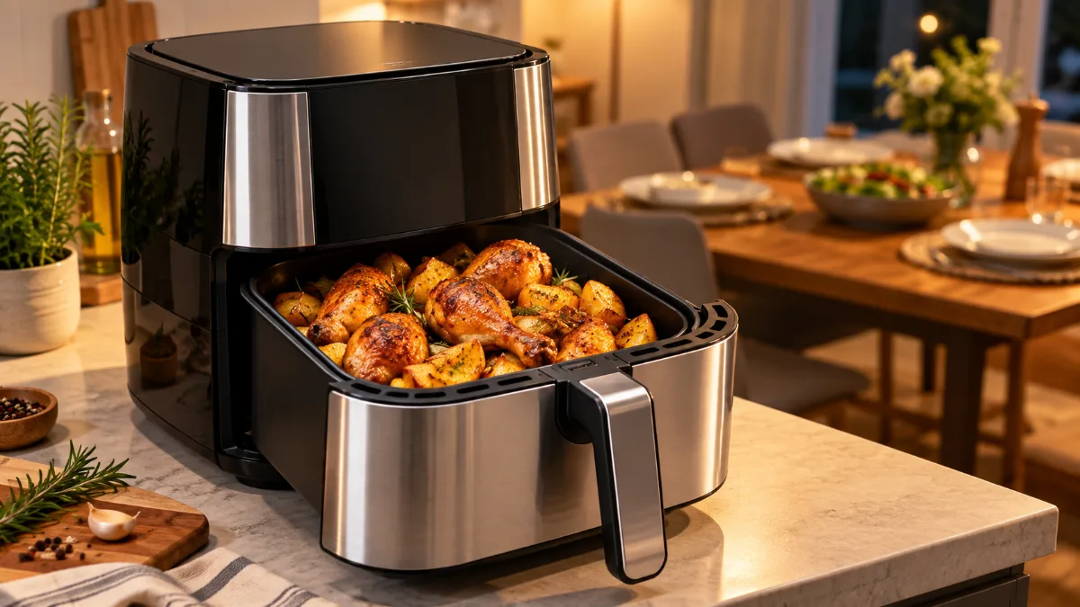 Air fryer mare cu coșul scos, plin cu ciocănele de pui și cartofi, lângă o masă pusă pentru familie