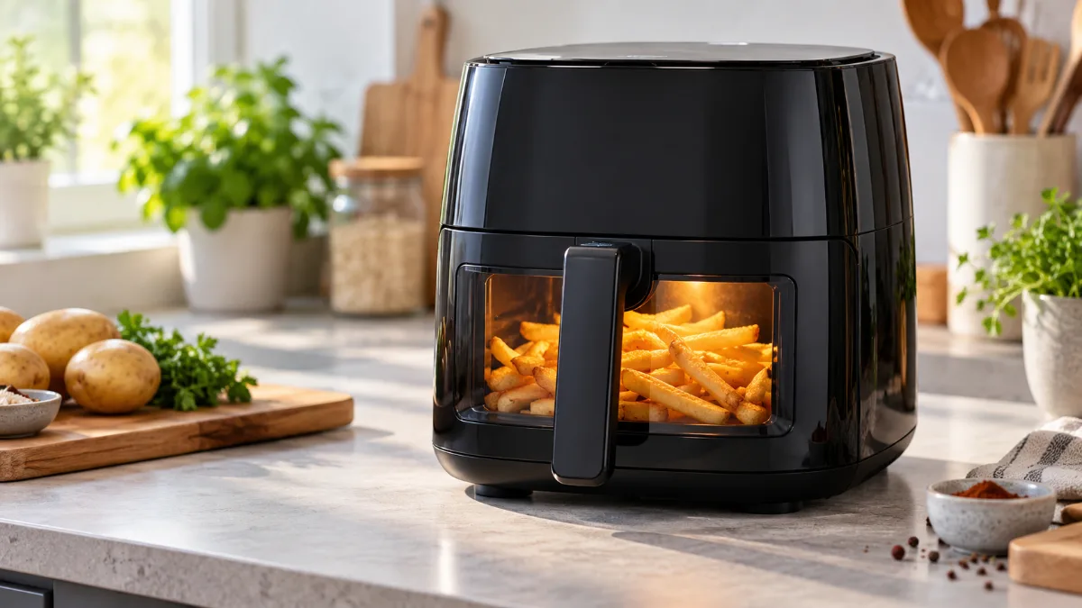 Air fryer negru cu fereastră pe sertar, prin care se văd cartofii prăjiți