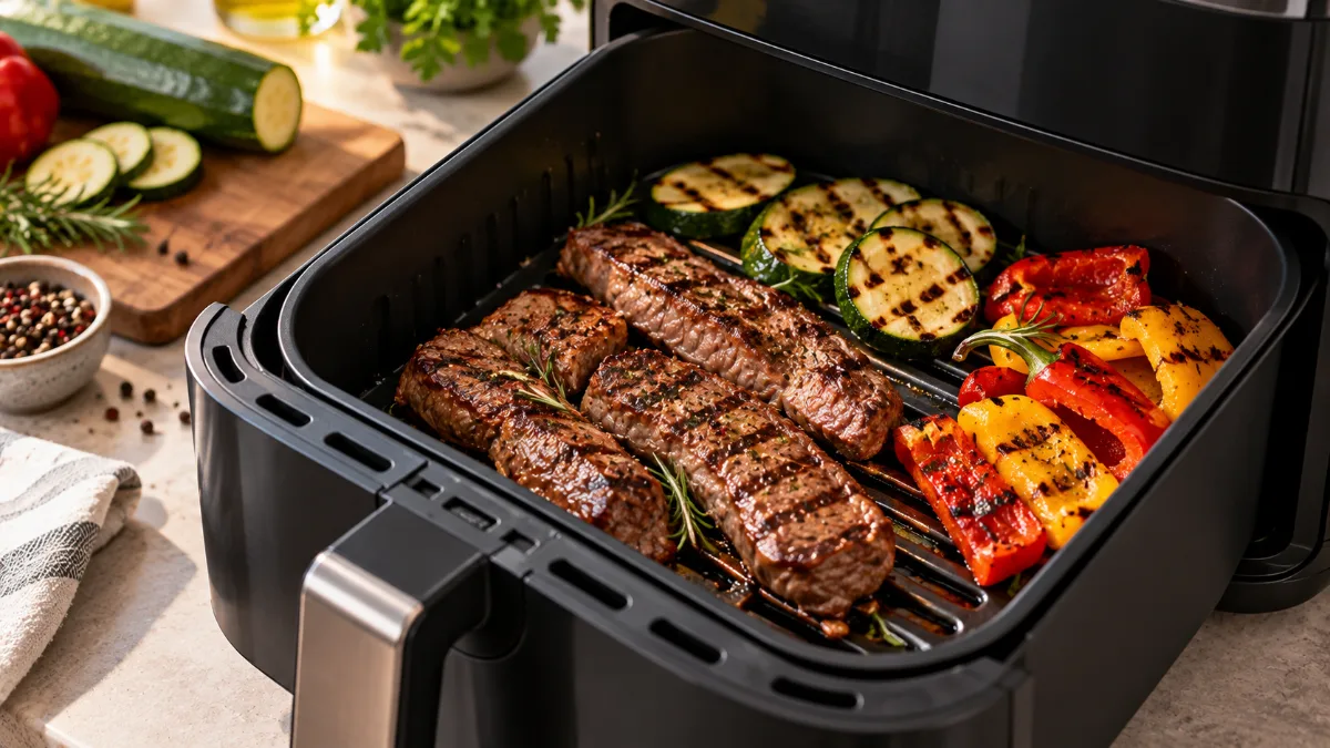 Coș de air fryer cu grătar metalic, cu fâșii de carne și legume cu urme de grătar