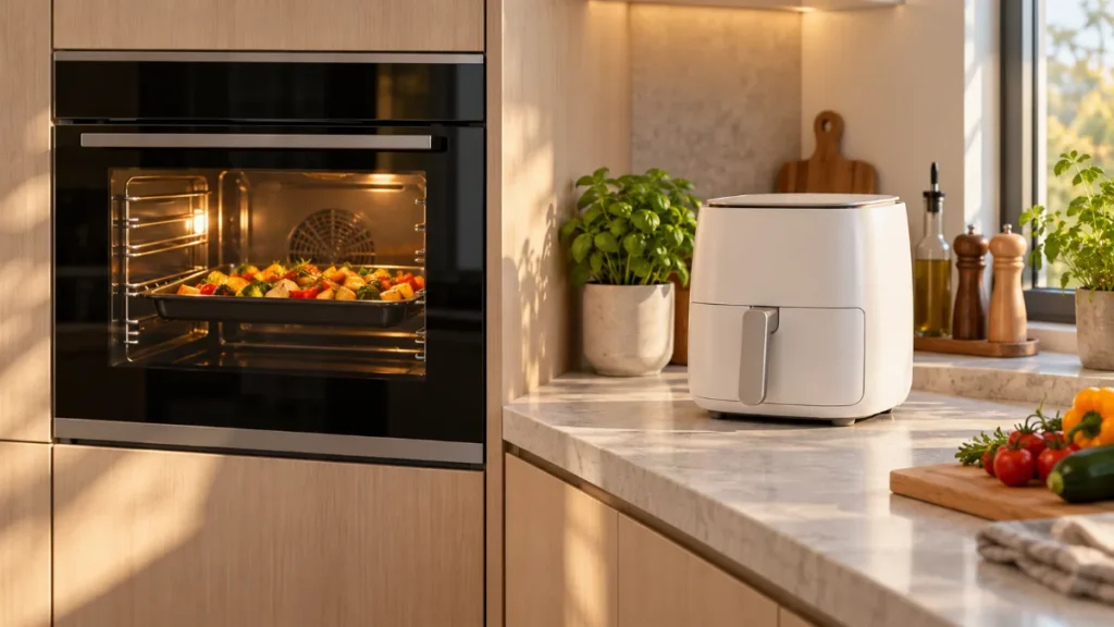 Bucătărie luminoasă cu un cuptor încorporabil cu legume la copt și un air fryer alb pe blat