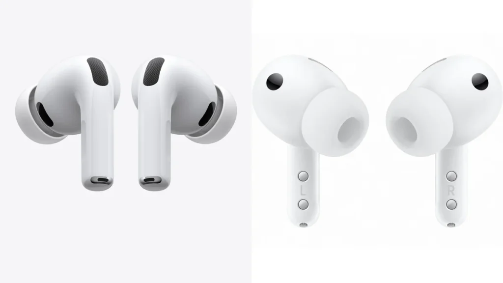 Apple AirPods Pro 3 și Samsung Galaxy Buds4 Pro White, fotografii de produs una lângă alta