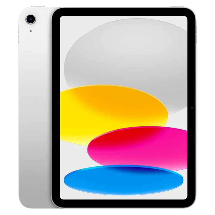 Tabletă Apple iPad de 11 inchi (A16), argintie, văzută din față și din spate