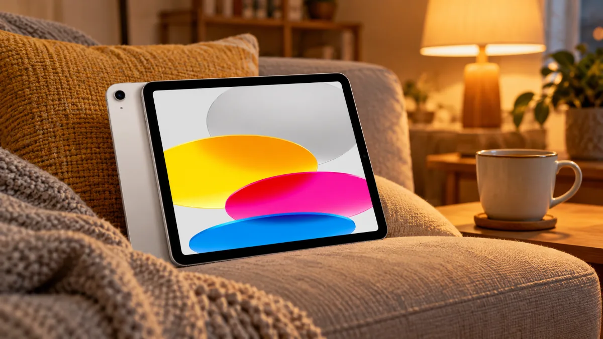 Tabletă iPad 11 argintie sprijinită de o pernă pe o canapea, seara, lângă o cană de ceai
