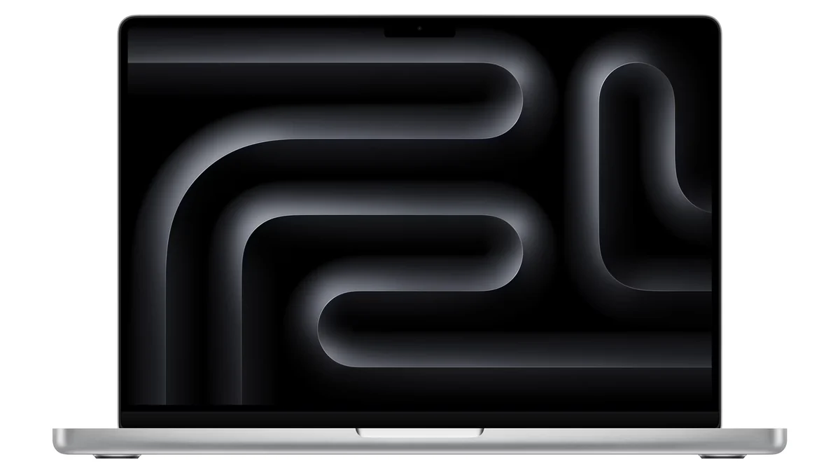 Laptopul Apple MacBook Pro de 14 inch cu cip M5, în culoarea argintiu, deschis și văzut din față, cu ecranul Liquid Retina XDR