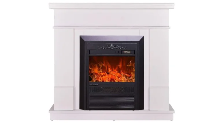 Șemineul electric Art Flame Rodos & Cristina, cu portal alb și focarul negru Cristina aprins