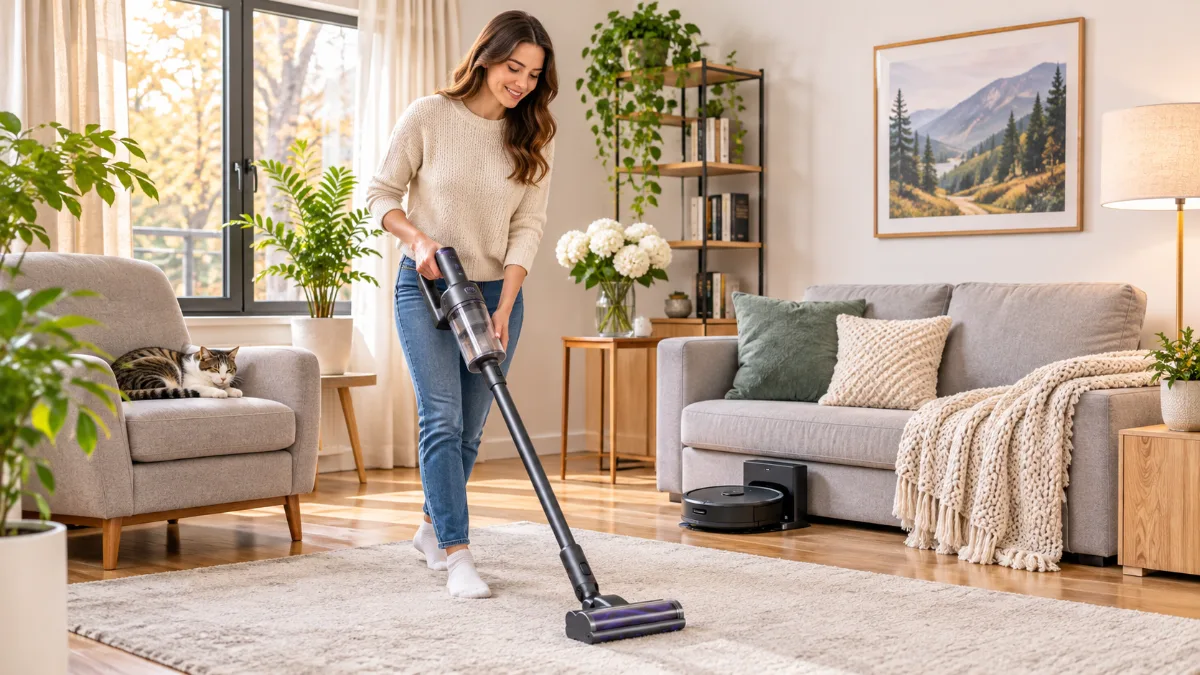 Femeie care aspiră un covor deschis la culoare cu un aspirator vertical fără fir, într-un living luminos, cu un aspirator robot lângă canapea
