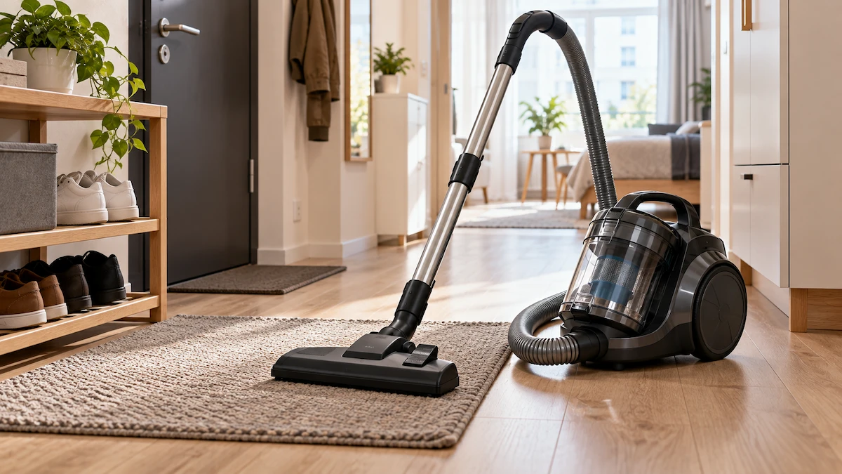 Aspirator fără sac mic, pe holul unui apartament cu laminat