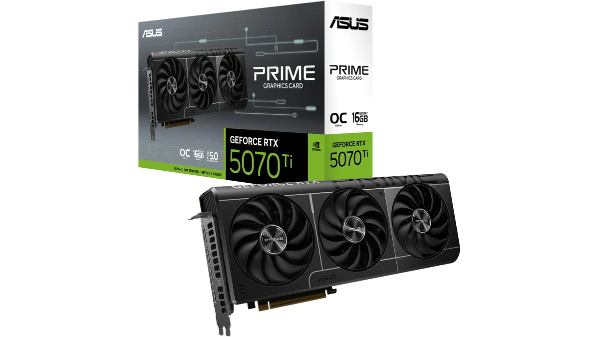 Placa video ASUS PRIME GeForce RTX 5070 Ti OC Edition, neagră, cu trei ventilatoare, lângă cutia ei