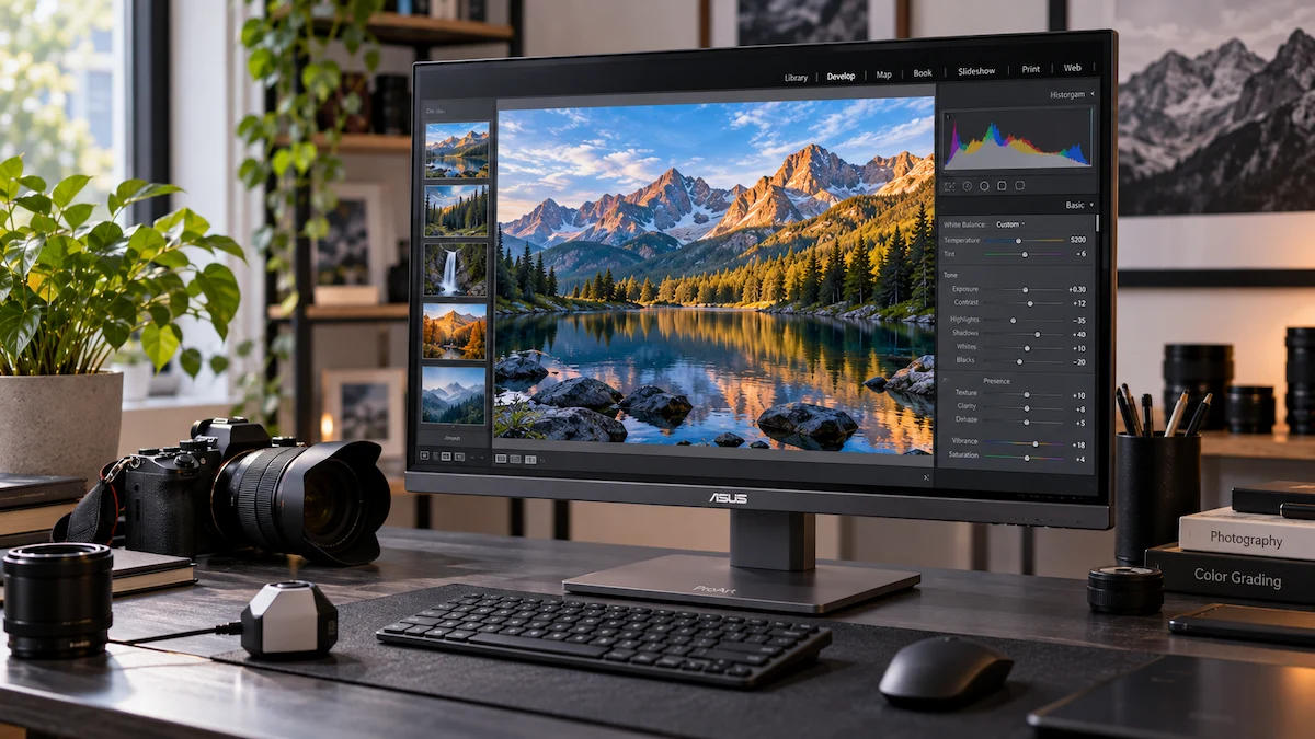 Monitor ASUS ProArt PA279CV pe biroul unui fotograf, cu o fotografie de peisaj deschisă într-un program de editare