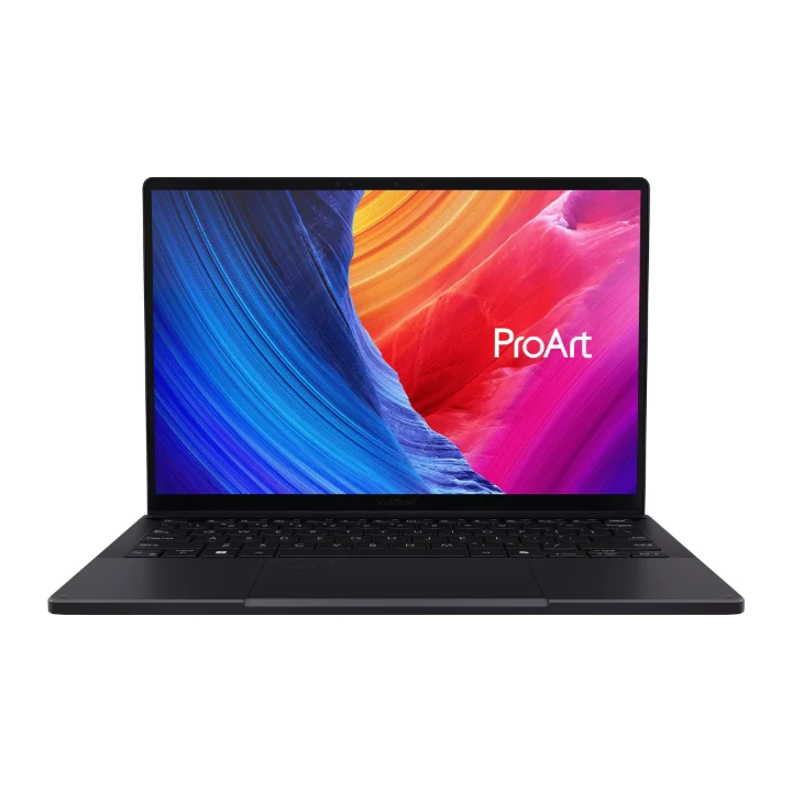 Laptopul convertibil ASUS ProArt PX13, negru, deschis și văzut din față