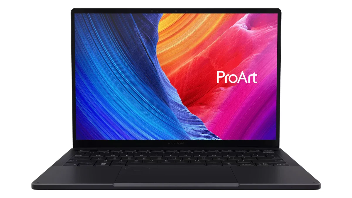 Laptopul convertibil ASUS ProArt PX13, negru, deschis și văzut din față
