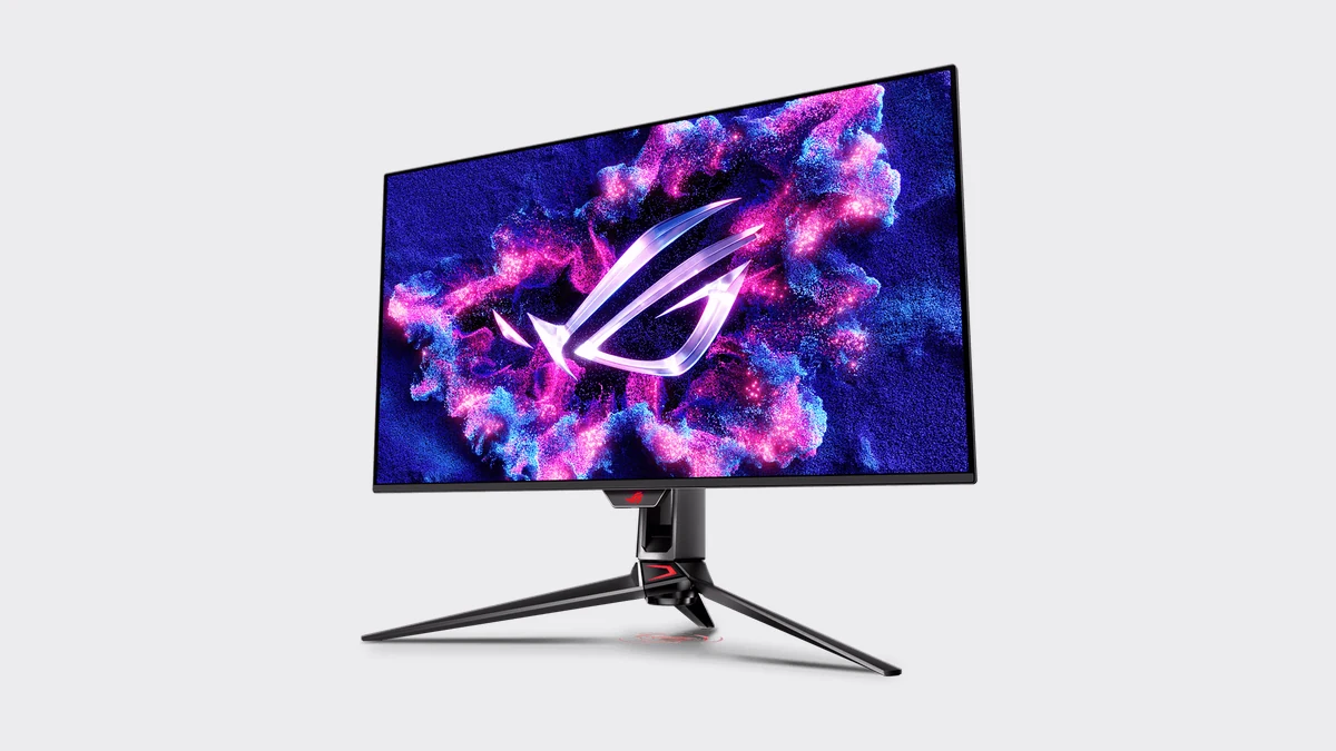Monitorul de gaming ASUS ROG Swift OLED PG32UCDM văzut din față, în ușor unghi, pe suportul cu trei picioare