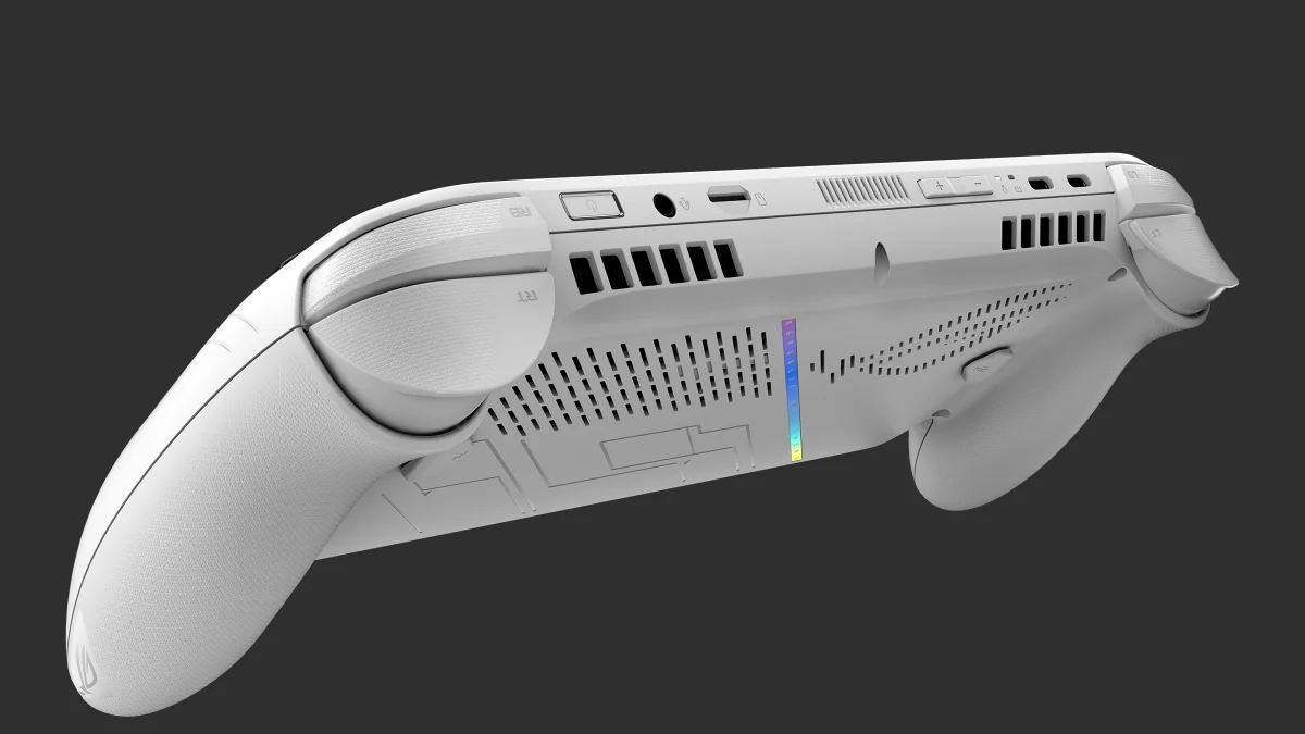 Marginea de sus a consolei ASUS ROG Xbox Ally, văzută din spate, cu cele două porturi USB-C, cititorul microSD, mufa jack și triggerele